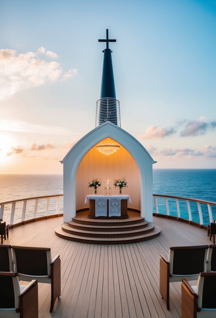 A serene chapel with elegant decor and soft lighting, or a spacious deck on a cruise ship with panoramic ocean views