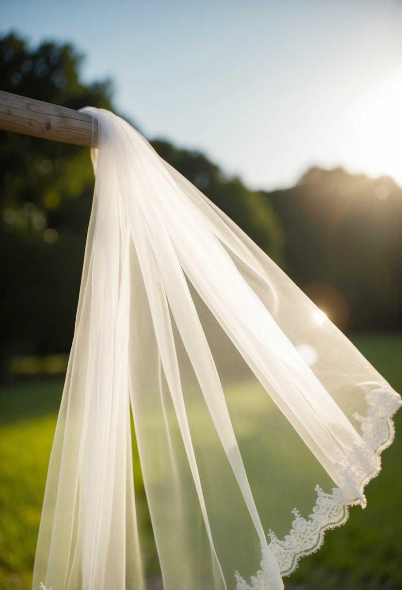 A delicate wedding veil billows in the breeze, catching the sunlight and casting a soft, ethereal glow