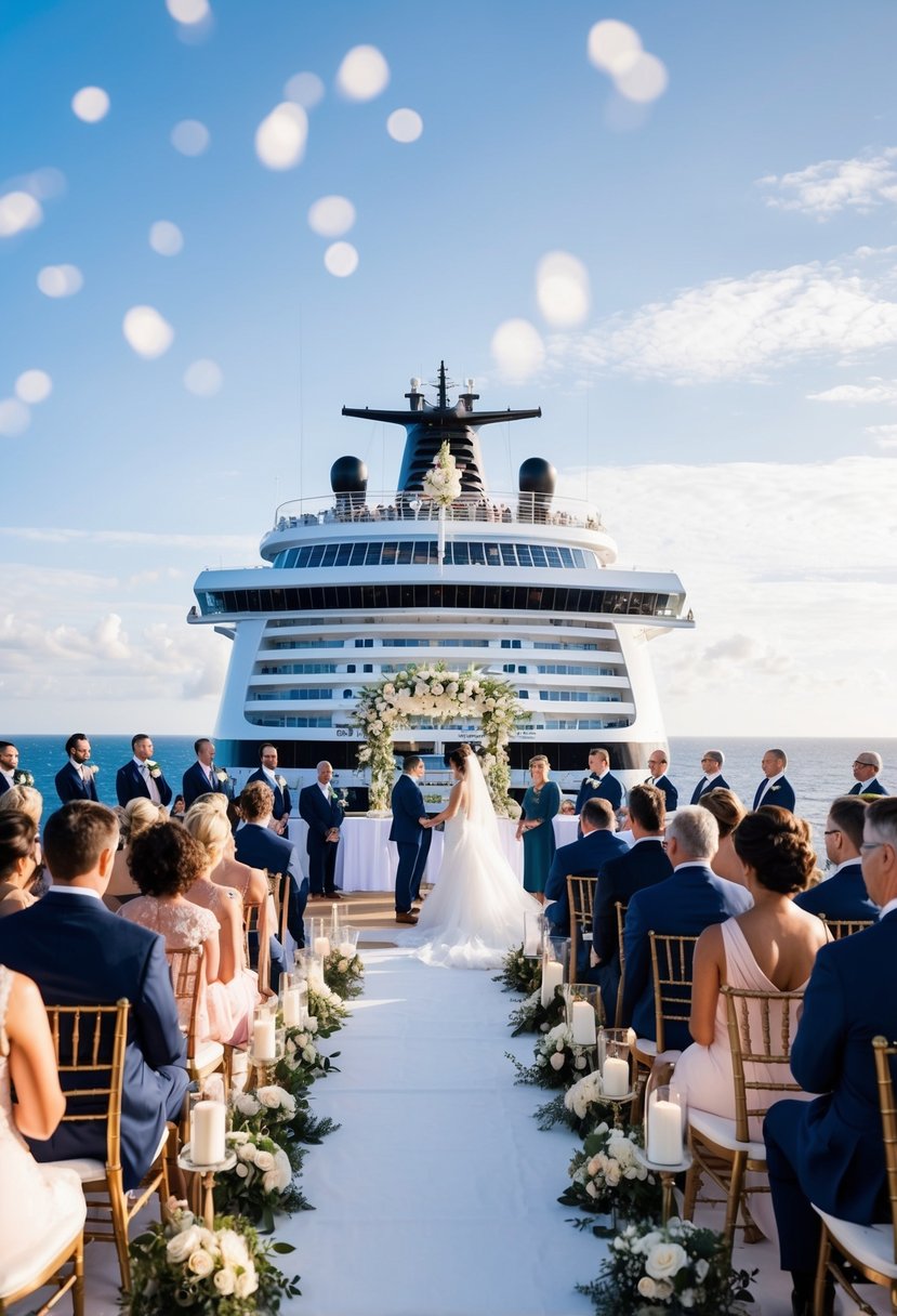 A wedding ceremony taking place on a luxurious cruise ship with the ocean in the background, a decorated altar, and guests seated in elegant chairs