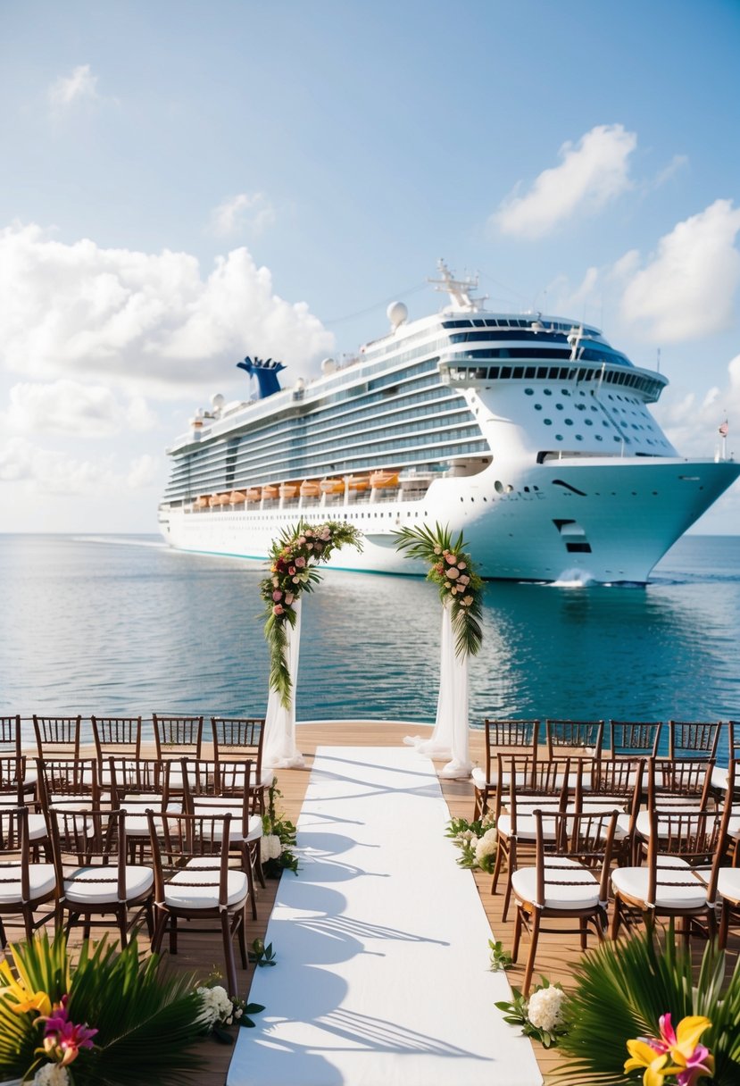 A cruise ship sailing on calm waters with a wedding arch and chairs set up on the deck, surrounded by tropical flowers and decorations