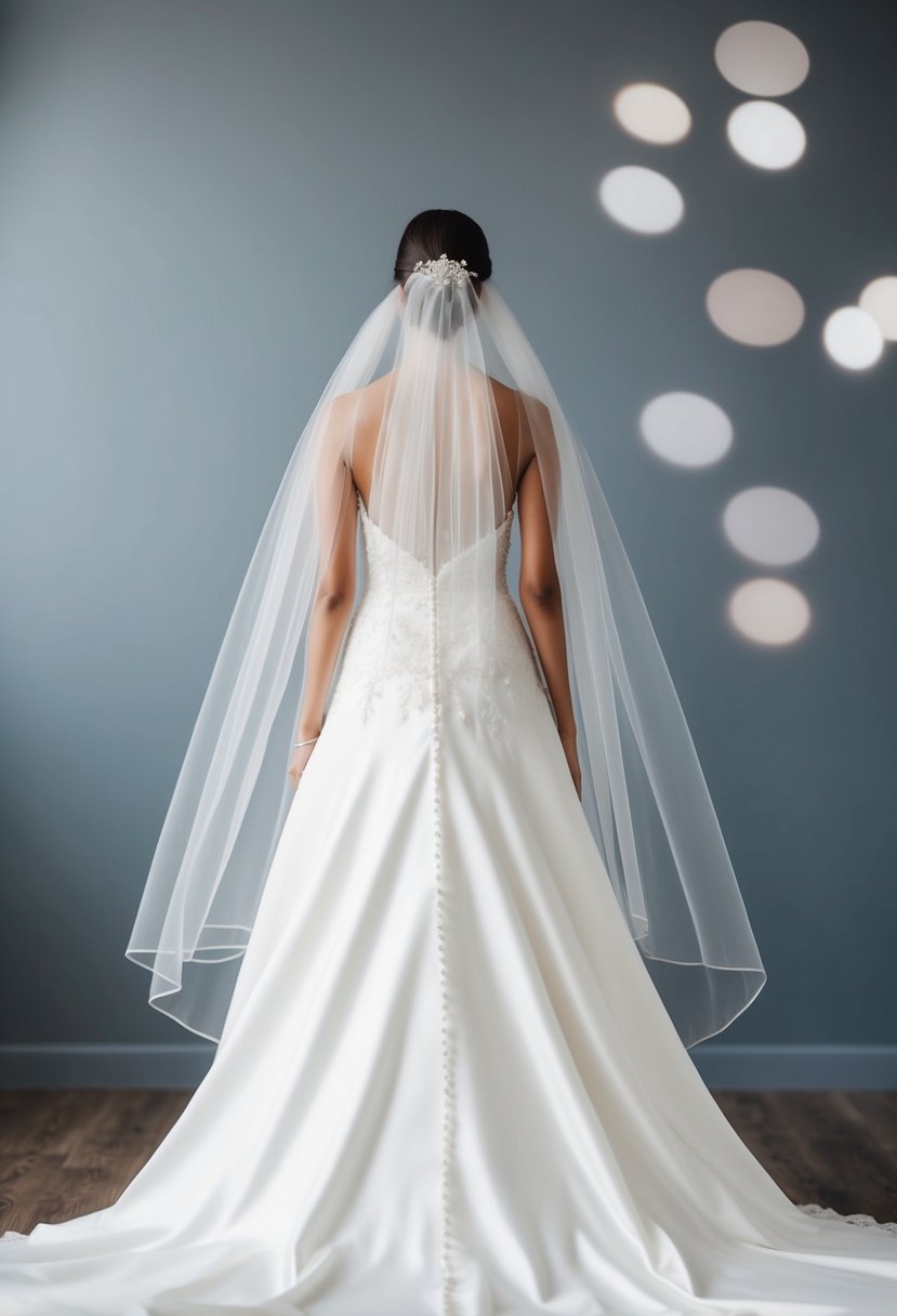 A wedding gown with a long, flowing veil cascading down the back