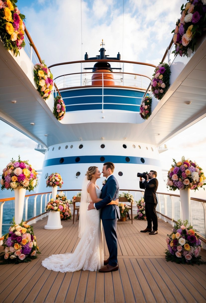 A couple stands on a cruise ship deck, surrounded by colorful floral arrangements and a photographer capturing their special day