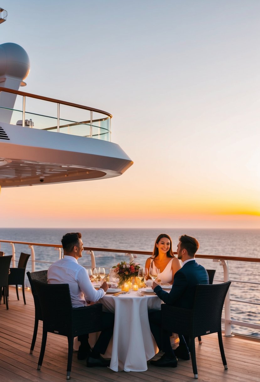 A couple enjoying a romantic dinner on the deck of a luxury cruise ship, with the sunset casting a warm glow over the ocean