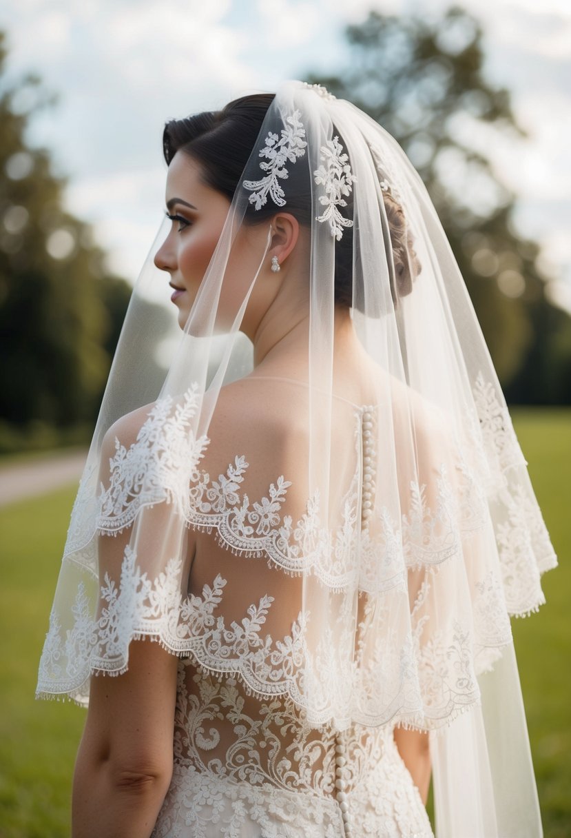 An ivory veil with delicate lace embroidery matching the intricate pattern on the bride's gown