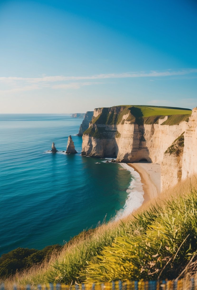 A sunny seaside cliff with a clear blue sky, calm ocean, and a gentle breeze