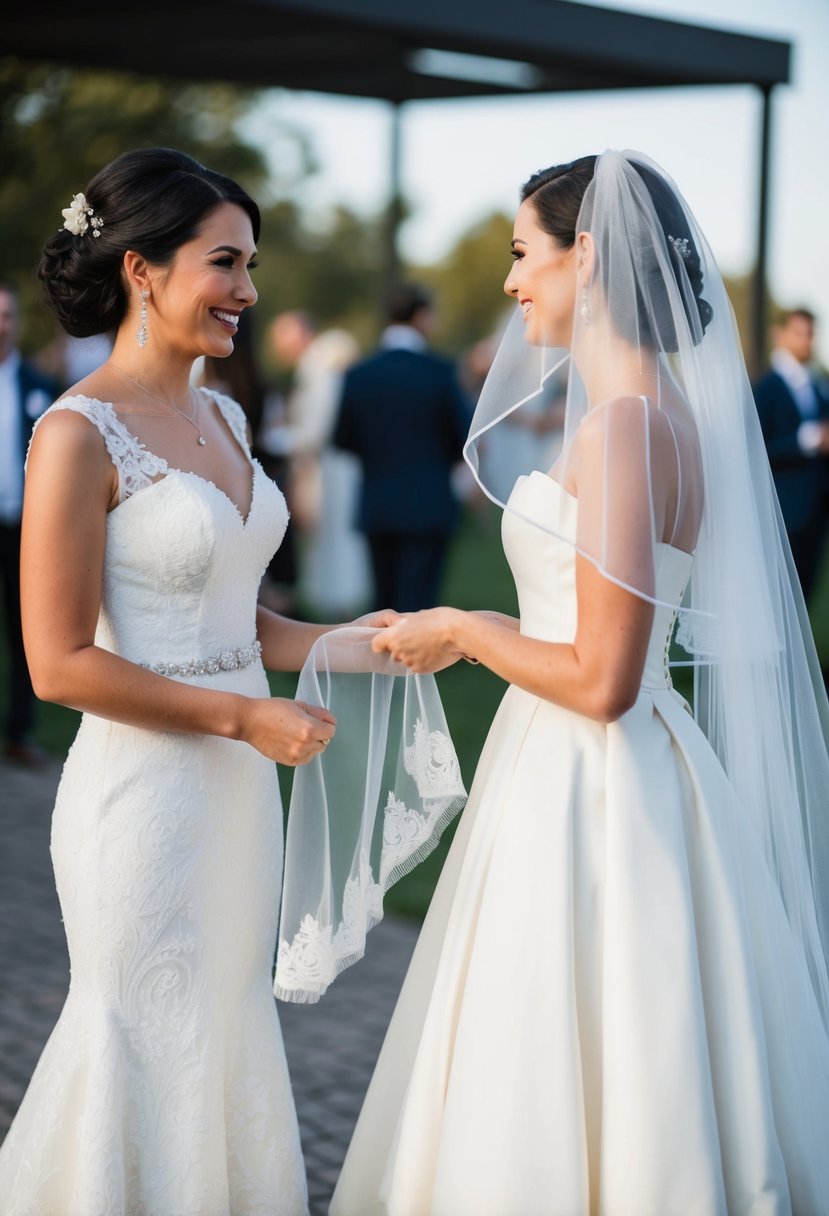 A bride holds a detachable veil, choosing between a classic long style and a shorter, more modern option