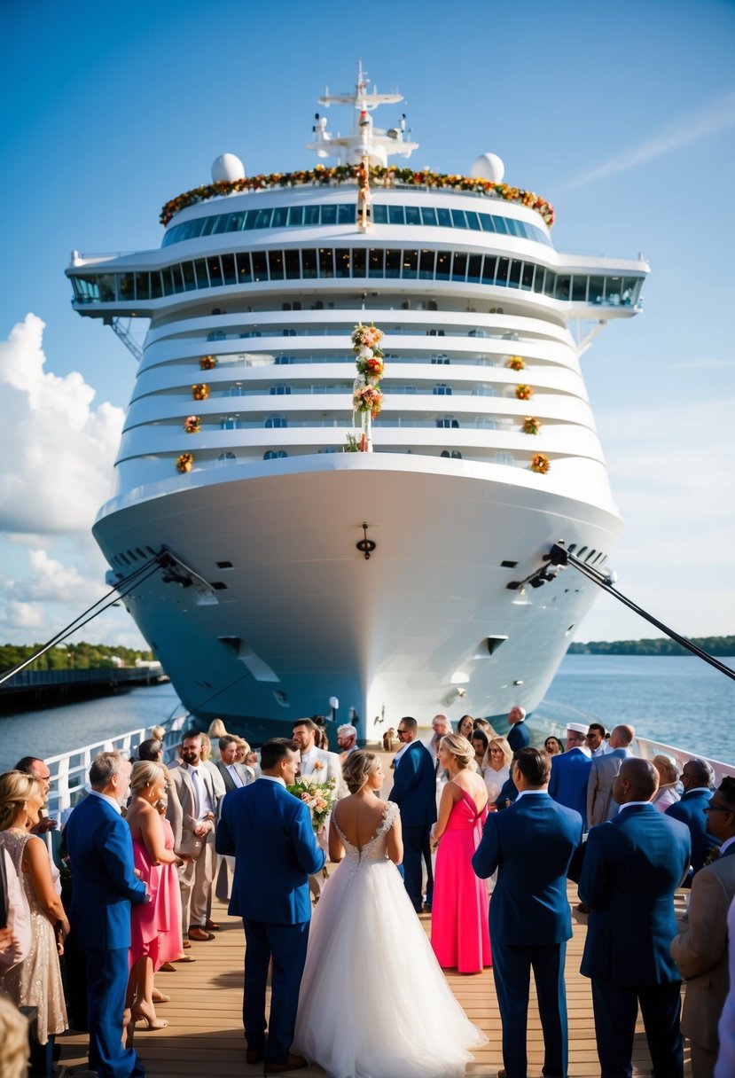 Guests gather on the dock, facing a majestic cruise ship adorned with wedding decor. They chat and smile, awaiting boarding for the ceremony