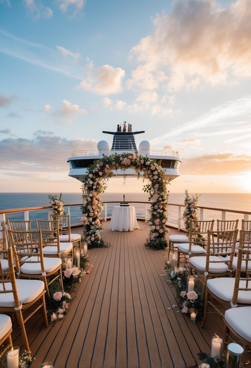 A cruise ship deck adorned with personalized decor, flowers, and unique ceremony elements, overlooking the ocean at sunset