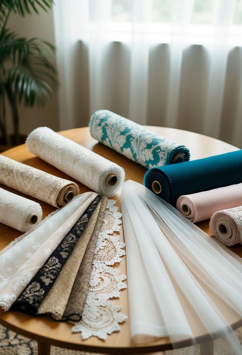 A table with various fabric swatches, lace, and tulle rolls for selecting the right fabric for a wedding veil