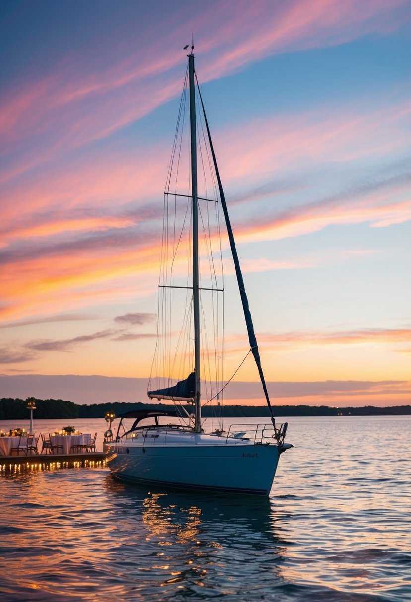 A sailboat glides on the calm waters, adorned with vibrant sunset colors. Tables are set for a reception, with twinkling lights adding a romantic touch