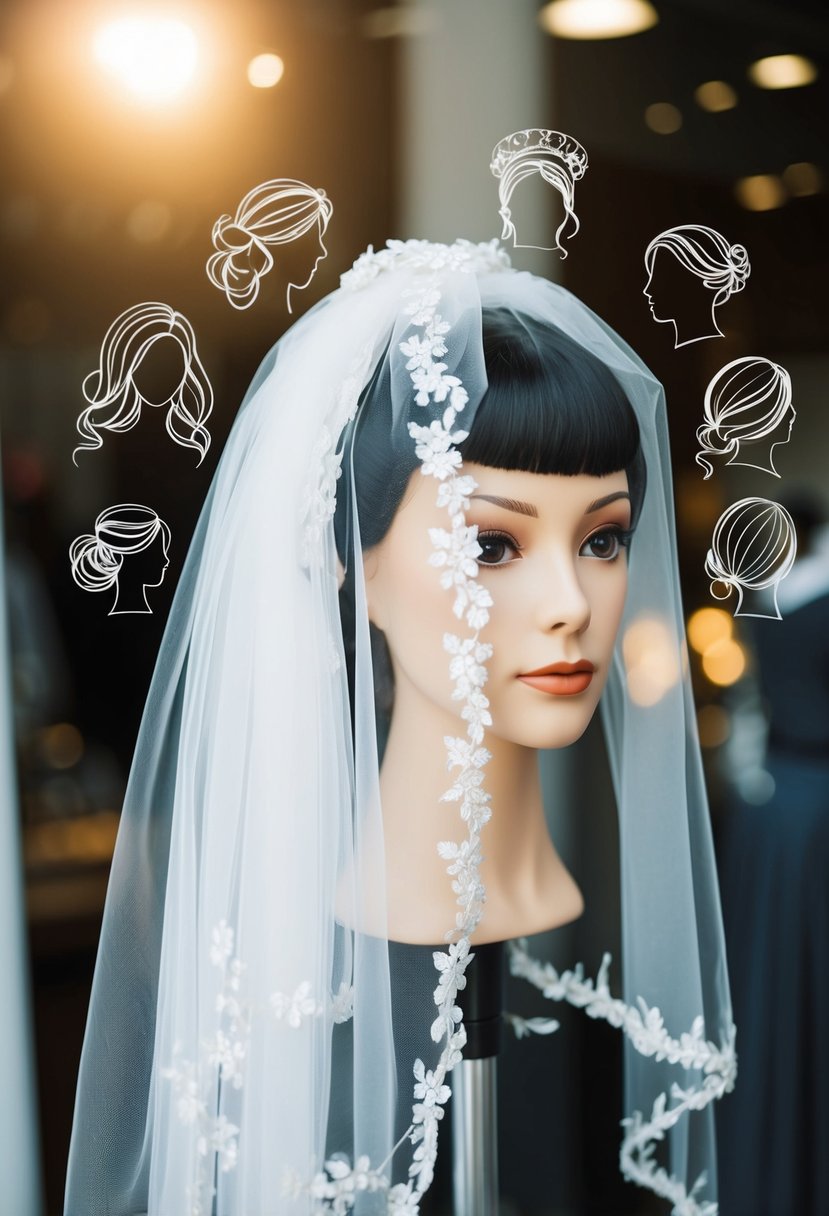 A bridal veil draped over a mannequin head with various hairstyles sketched around it