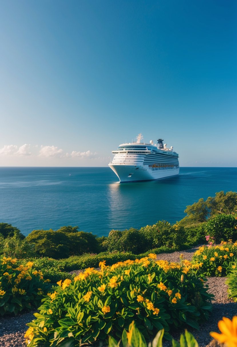 A serene ocean with a cruise ship sailing under a clear blue sky, surrounded by lush greenery and colorful flowers