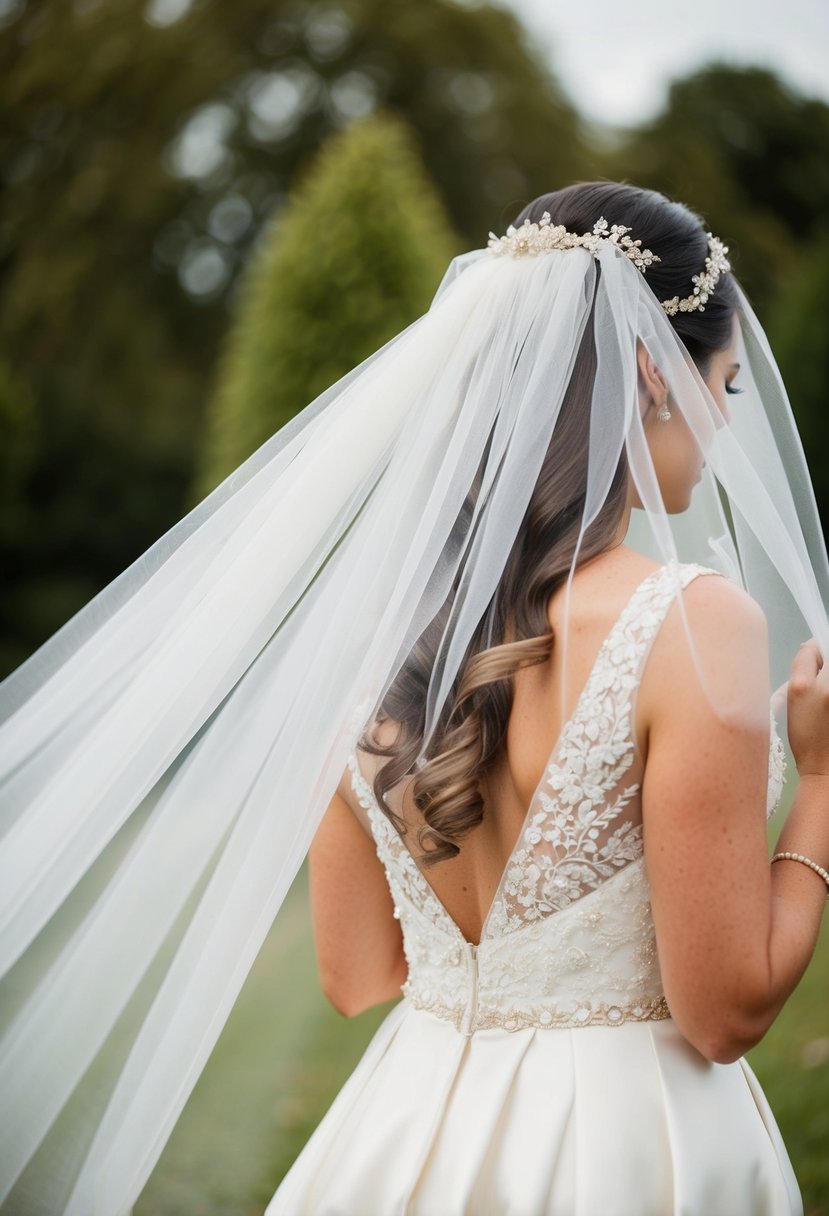 A bride's veil flowing in the breeze, matching the colors and style of her wedding theme, with delicate details and embellishments