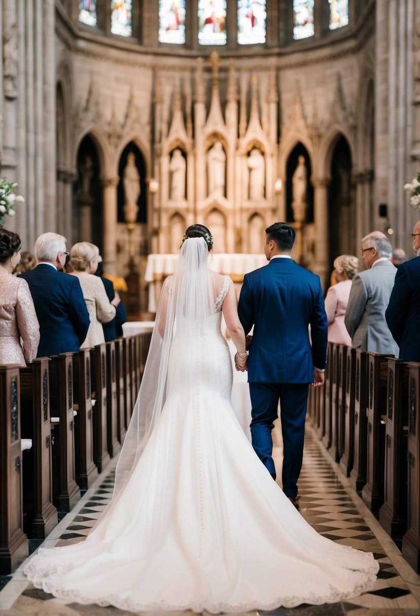 A bride stands in a grand cathedral, her long veil trailing behind her as she walks down the aisle towards the altar. The intricate details of the venue are visible in the background