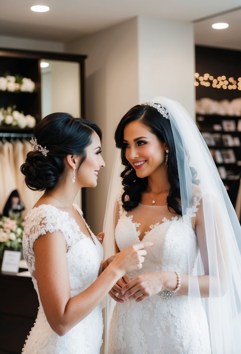 A bride and a stylist discussing veil options at a bridal boutique