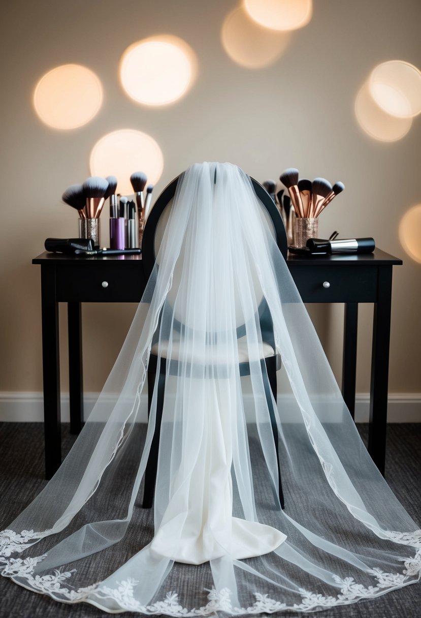 A bride's veil draped over a chair, surrounded by makeup and hair styling tools