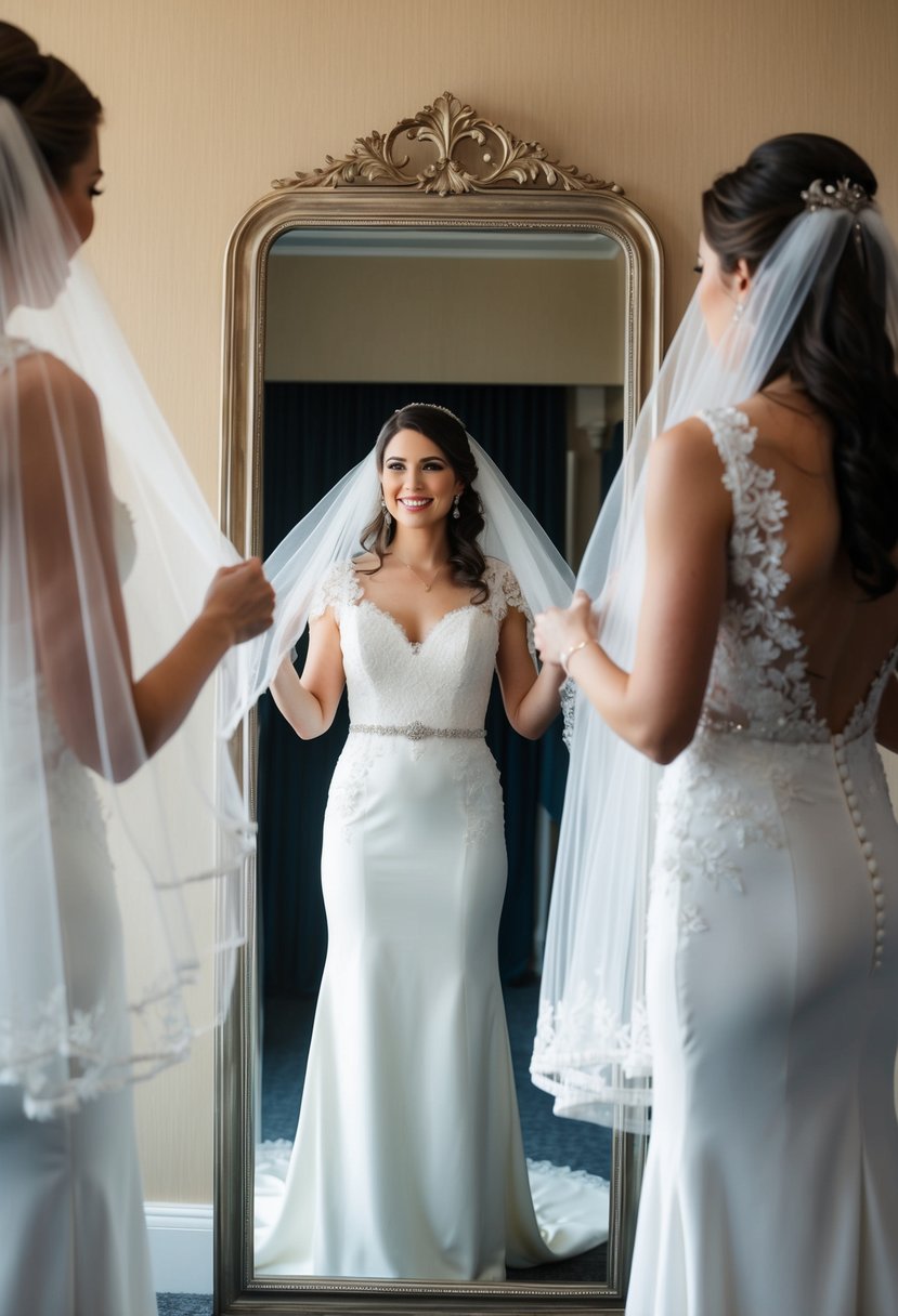 A bride standing in front of a mirror, trying on different veils and adjusting their length to match her height