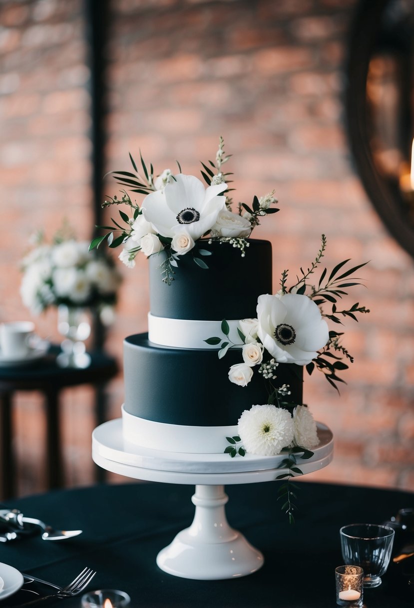 A black and white wedding cake with elegant floral decorations