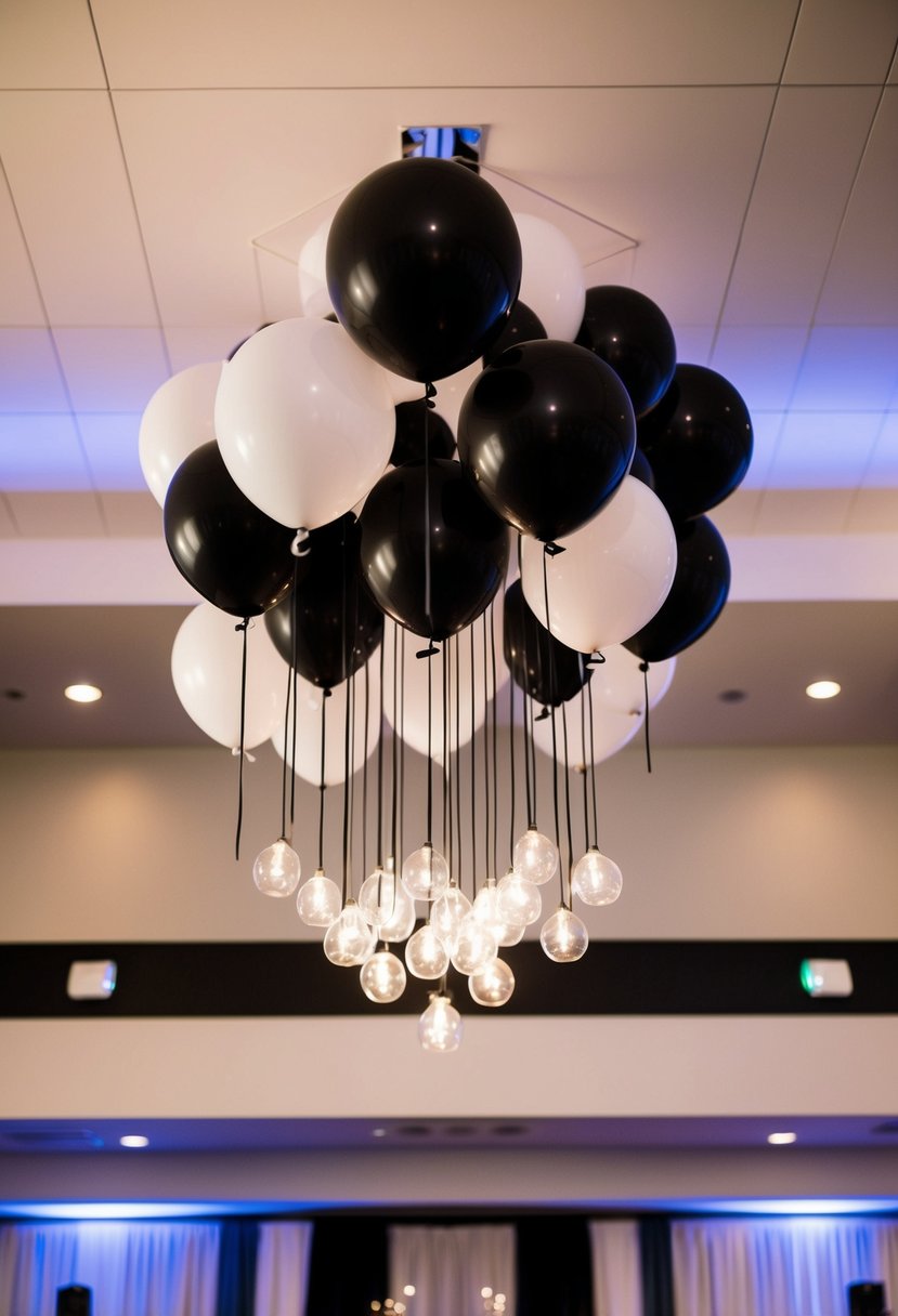 A black-and-white balloon chandelier hangs above a stylish wedding reception, adding a modern and elegant touch to the decor