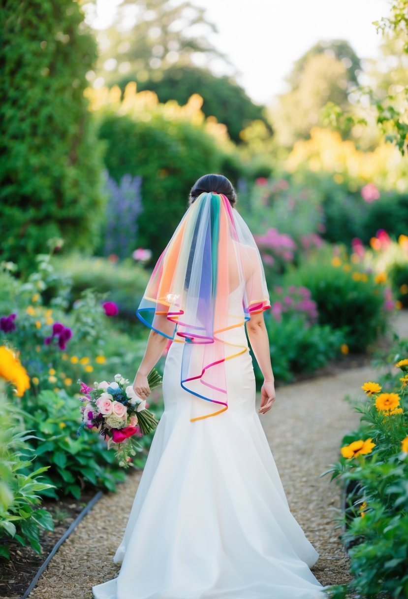 A bride walks through a garden, her colorful veil flowing in the breeze, surrounded by vibrant flowers and foliage