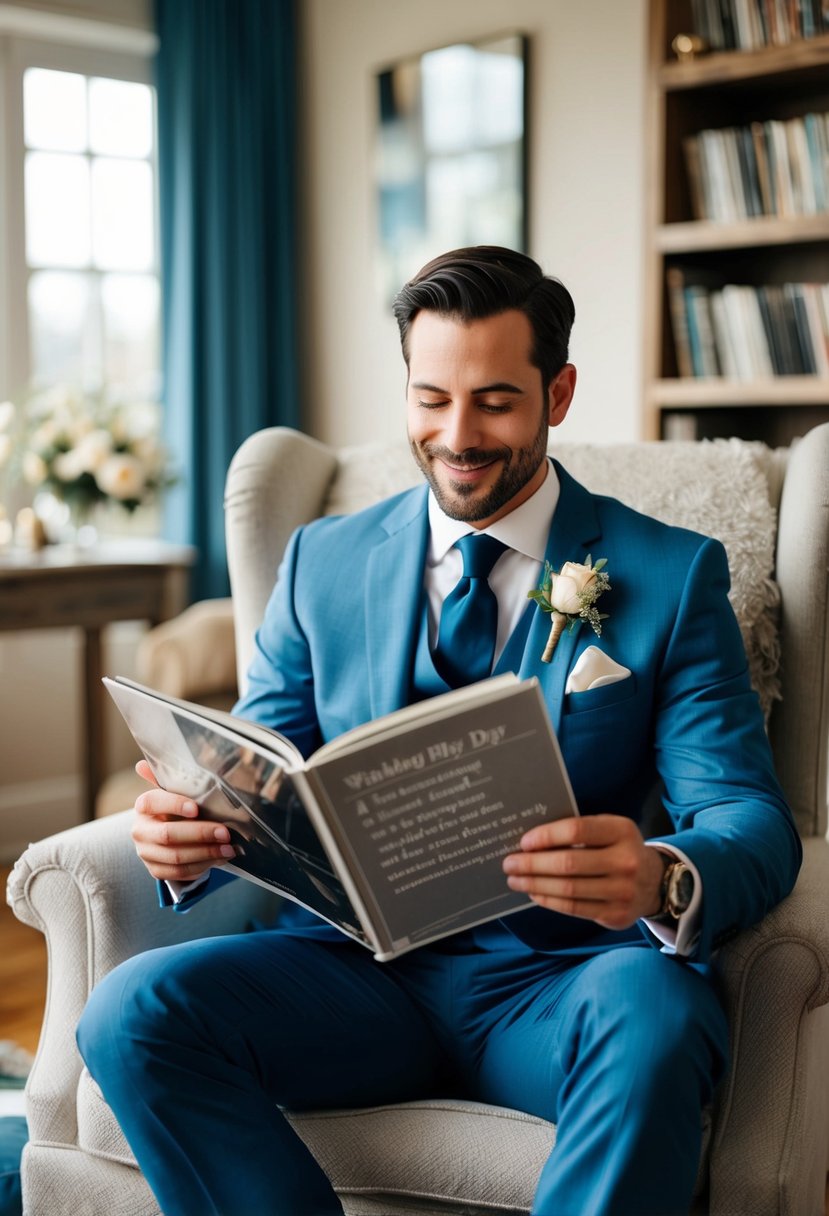 A groom sits in a cozy room, surrounded by his favorite music albums and a playlist of relaxing tunes. He flips through wedding day tips with a contented smile