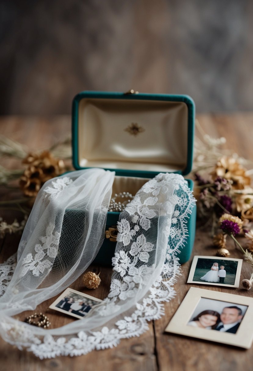 An antique lace veil draped over a vintage jewelry box, surrounded by dried flowers and family photos