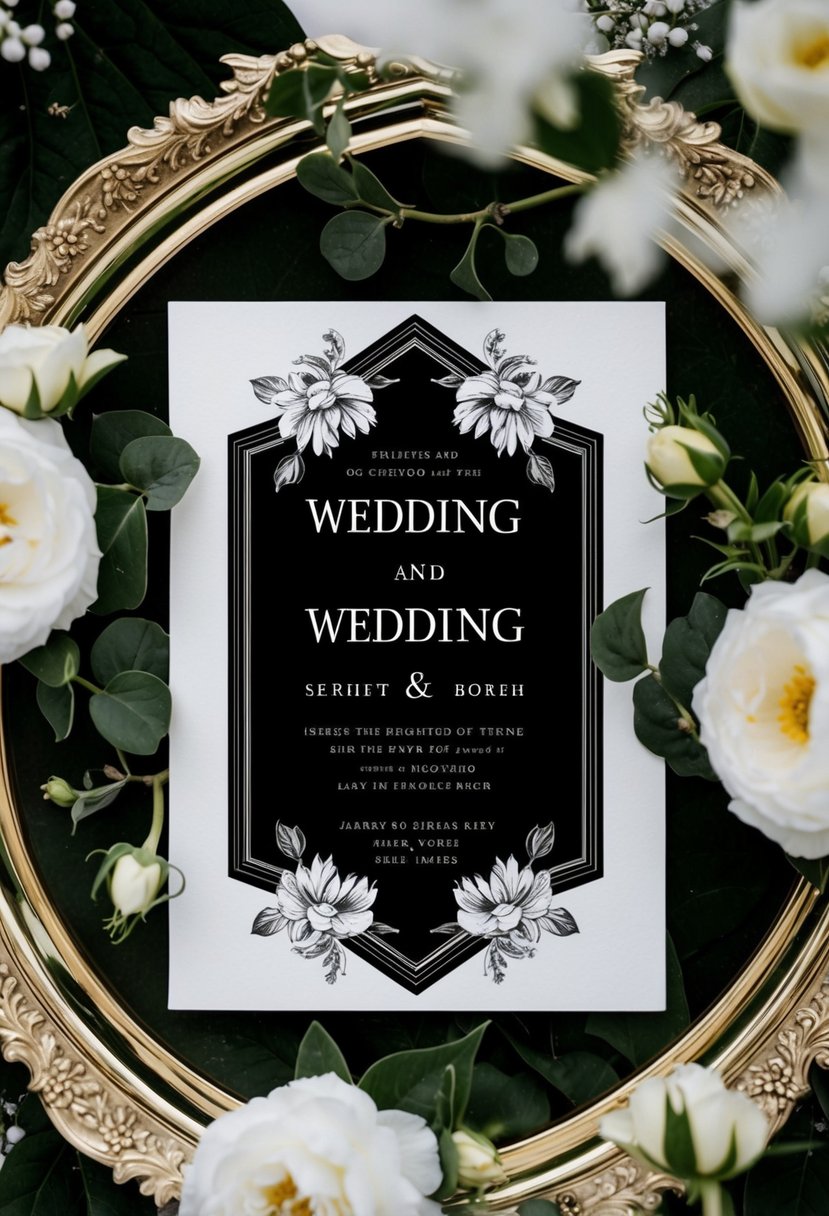 A black and white wedding invitation featuring gothic serif font, surrounded by elegant floral motifs and ornate borders