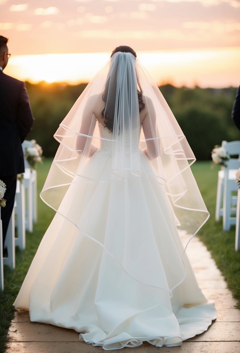 A bride's veil flowing in the breeze, gently brushing the ground as she walks towards the altar at sunset