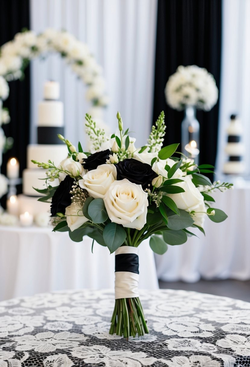 A black and white bridal bouquet sitting on a lace-covered table with black and white wedding decor in the background