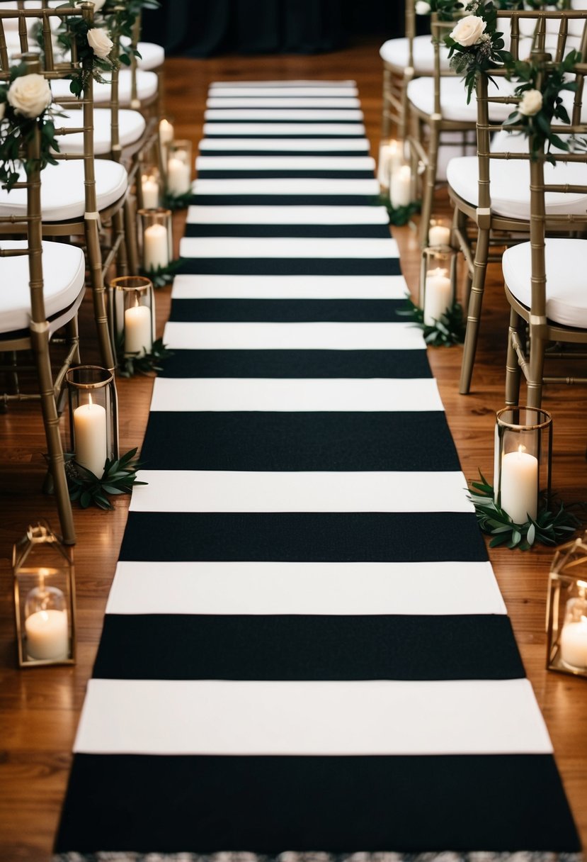 Aisle runner with bold black and white stripes, flanked by matching decor and flowers