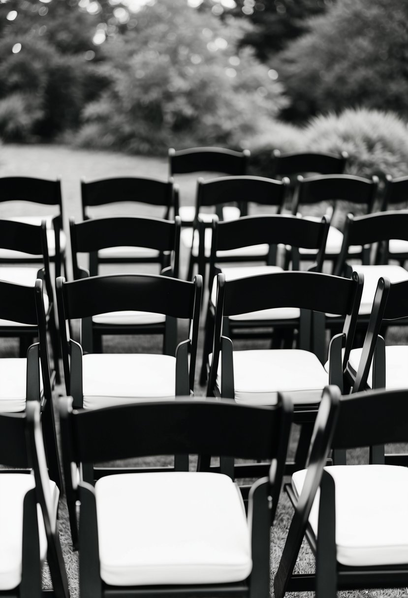 Black chairs with white cushions arranged in a stylish pattern for a black and white wedding theme