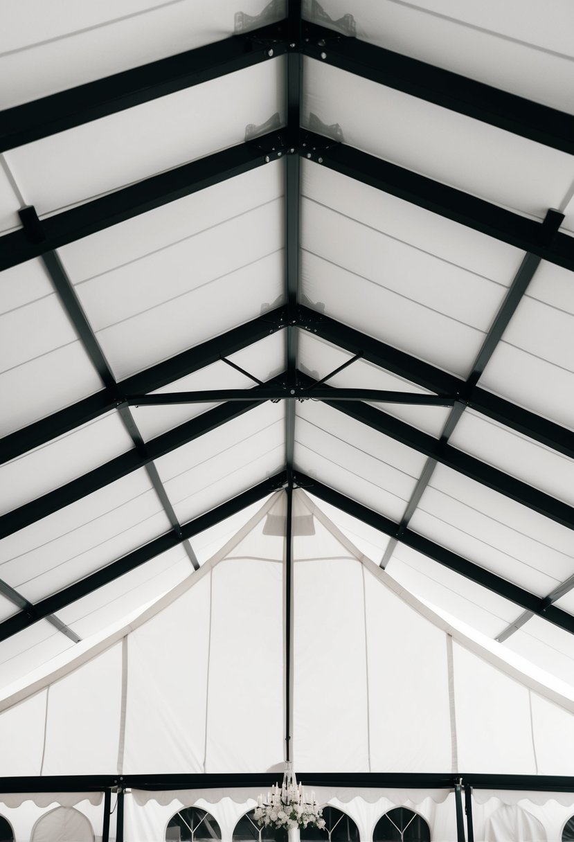 A white tent with black exposed beams, set against a minimalist black and white wedding theme