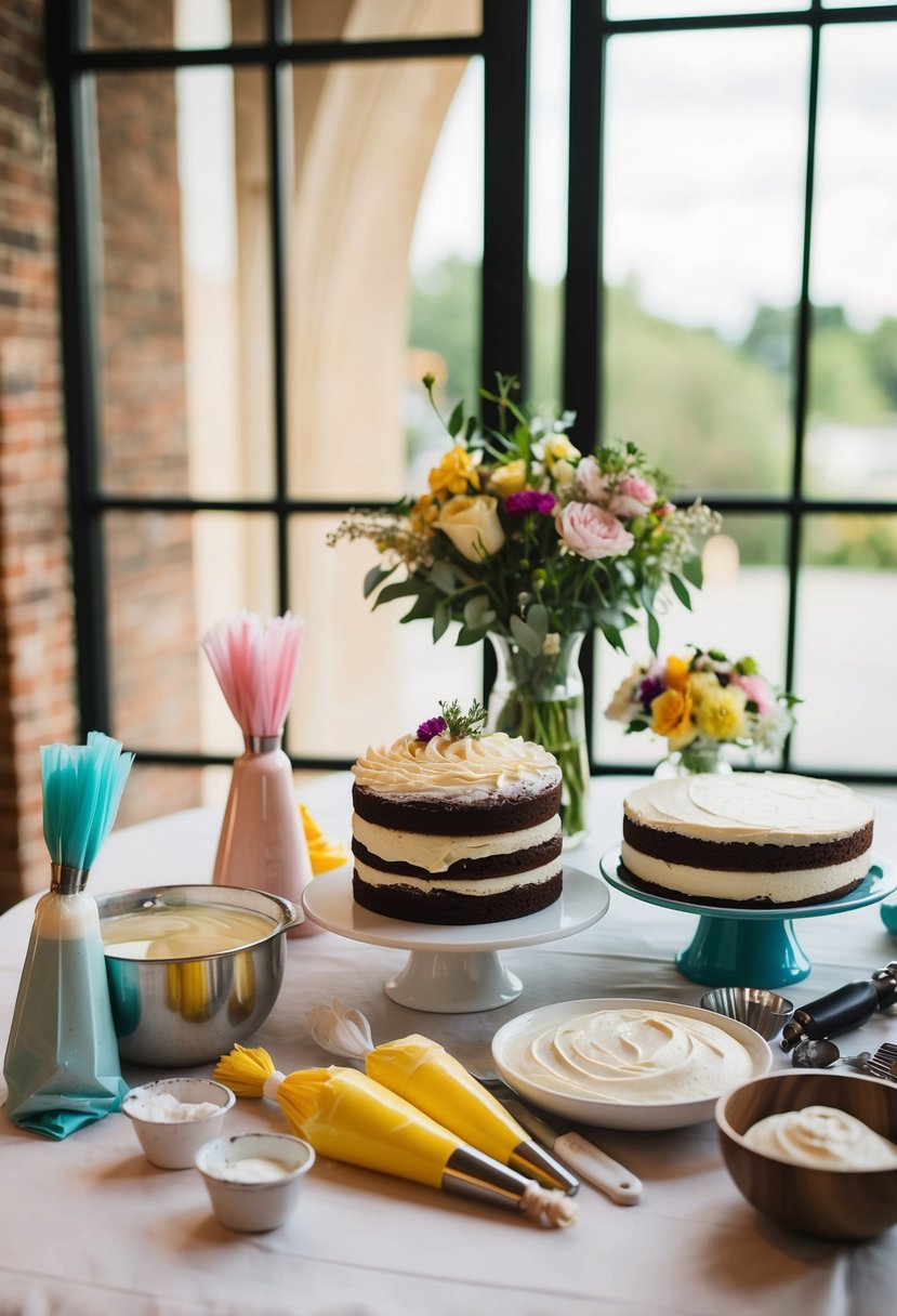 A table with various baking tools and ingredients for a wedding cake, including frosting, piping bags, cake layers, and decorative flowers