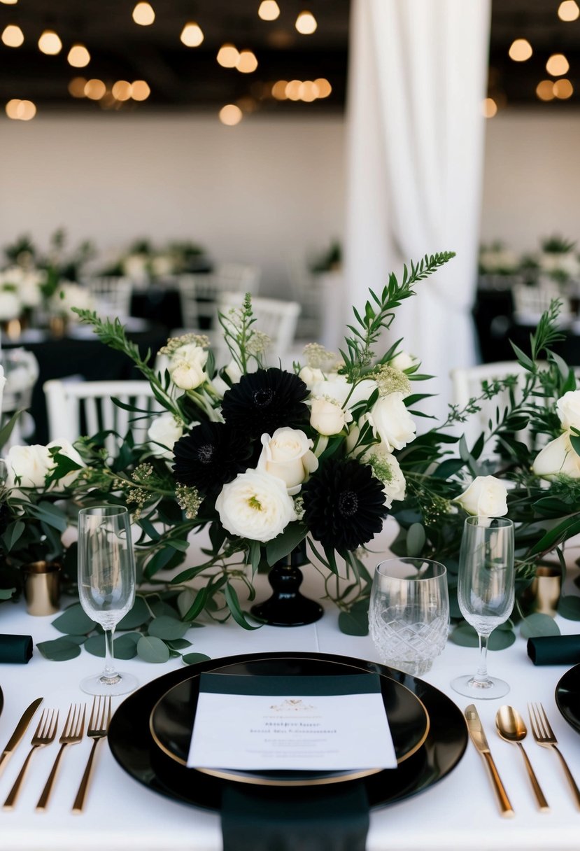 A sleek black and white wedding table setting with gold accents and elegant floral centerpieces