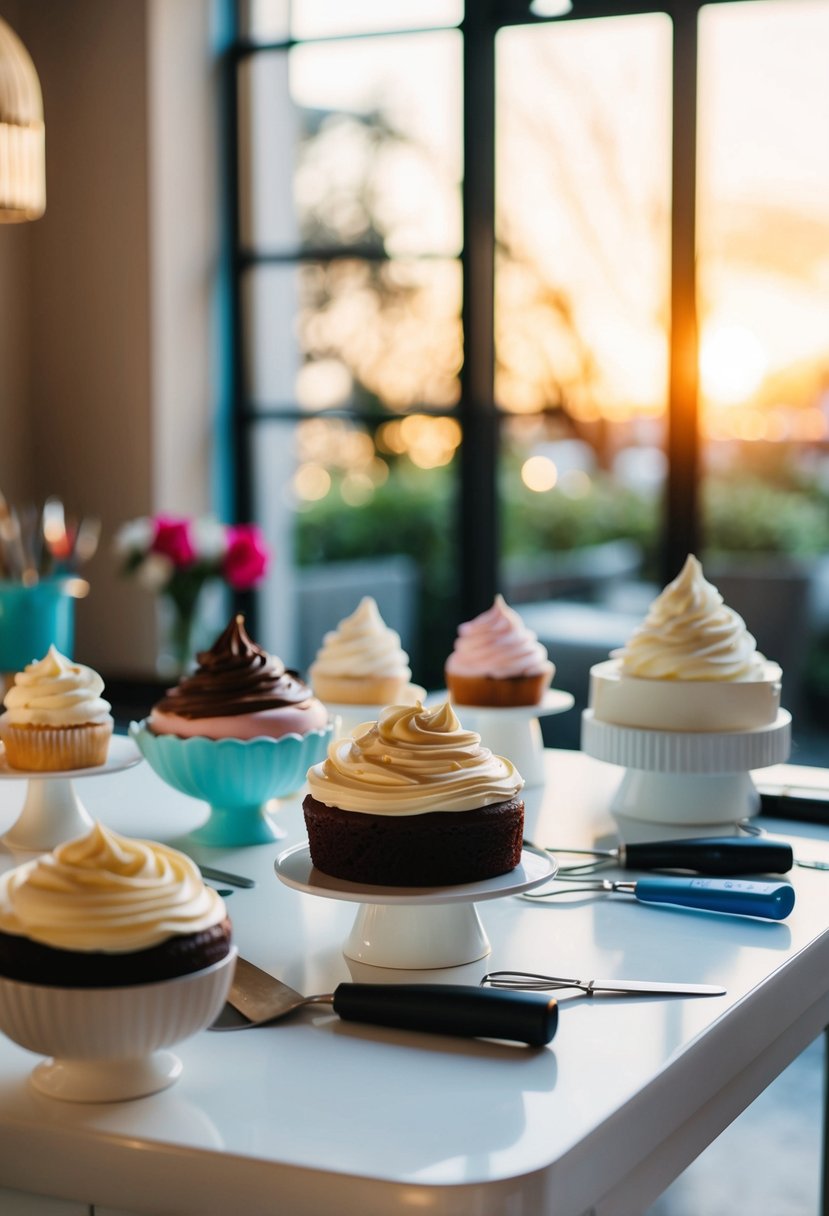 A table with various frosting types and cake decorating tools