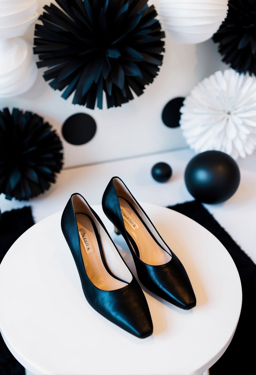 A pair of sleek black bridal shoes on a clean, modern white surface, surrounded by bold black and white wedding decor