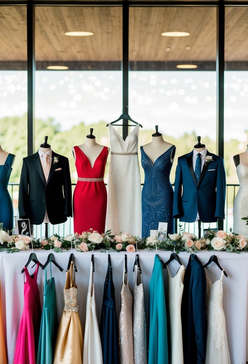 A table with a variety of wedding guest outfit options, including dresses, suits, and accessories, displayed on hangers and mannequins