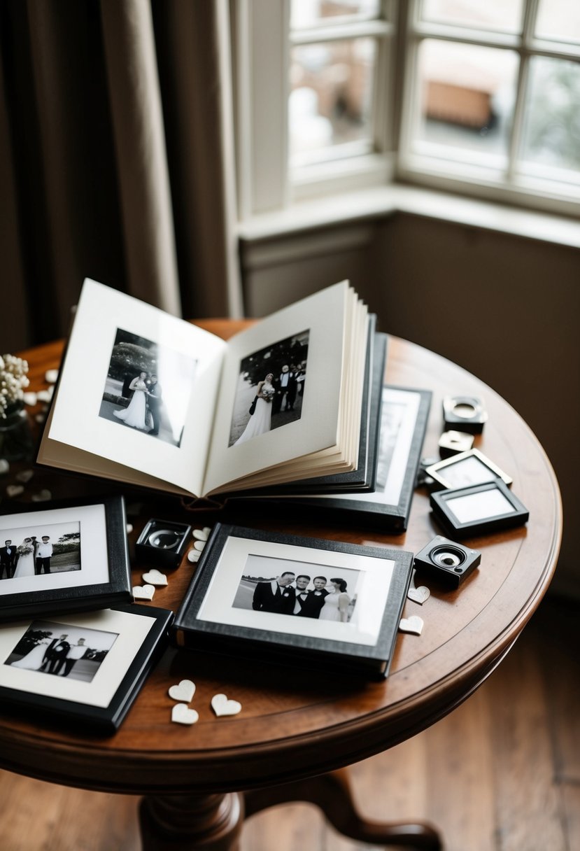 A vintage table with open photo albums and scattered black and white wedding memorabilia