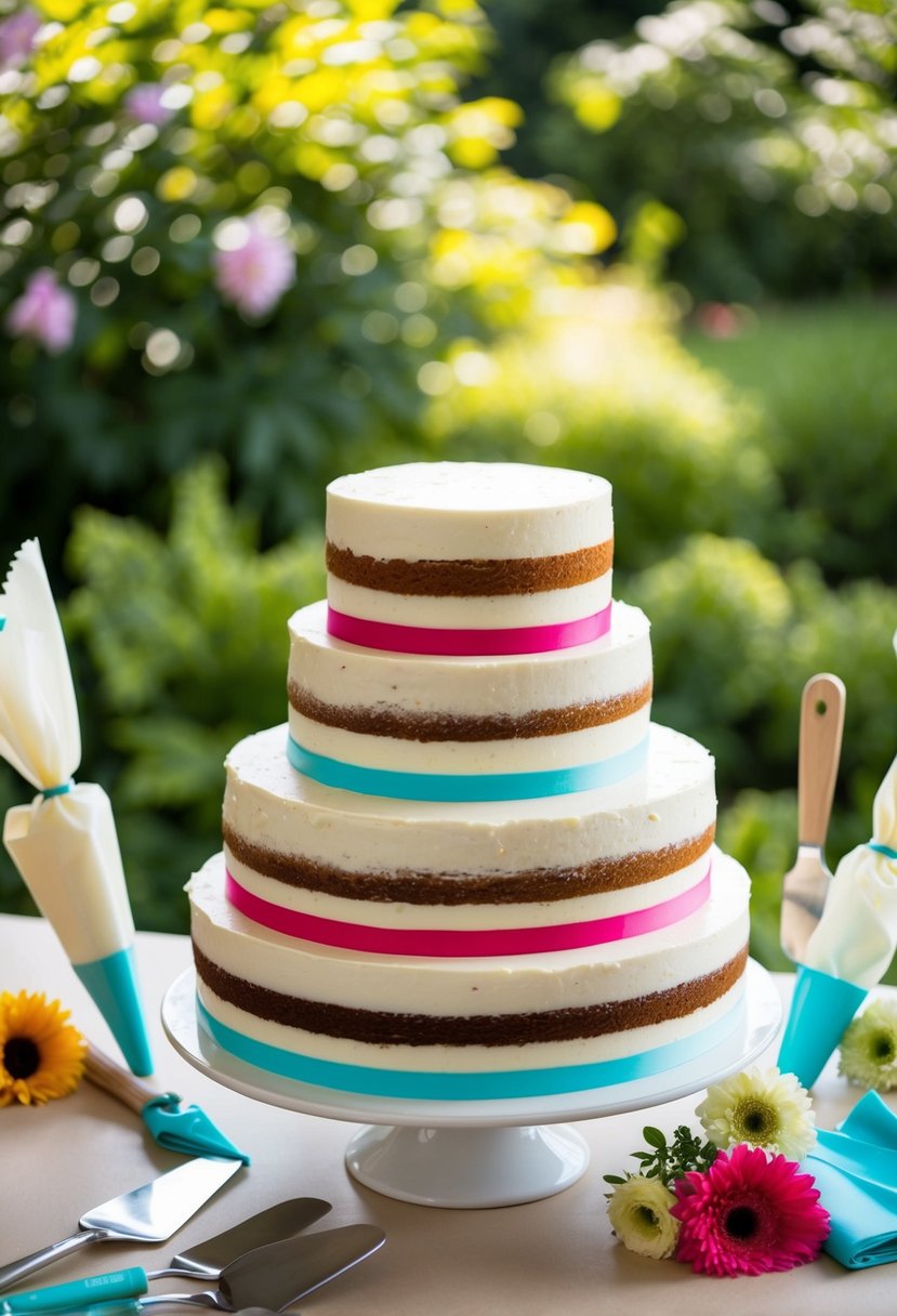 Three tiered cakes stacked on a table, surrounded by icing bags, spatulas, and fresh flowers