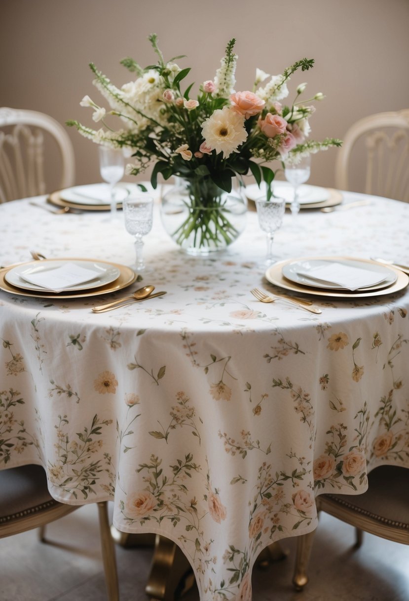 A table set with a delicate floral tablecloth and adorned with a vase of blooming flowers, creating a romantic atmosphere