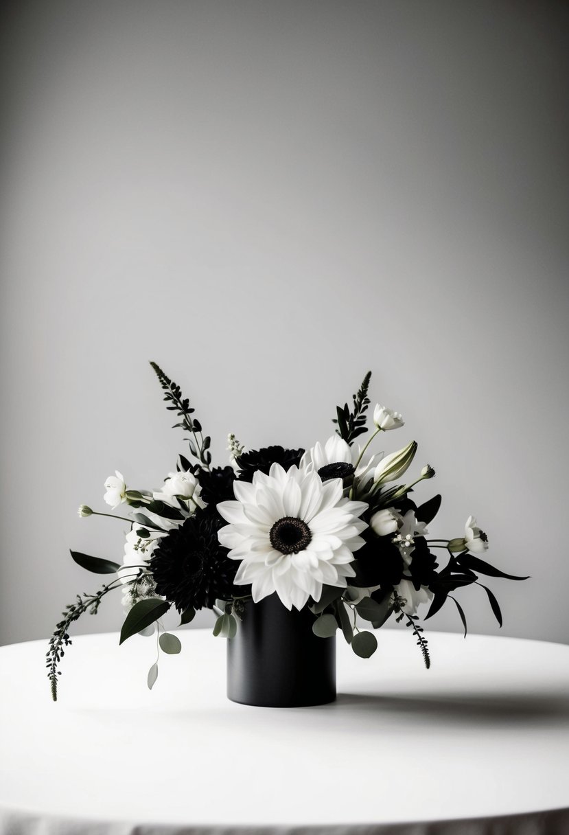 A sleek black and white floral centerpiece stands out against a minimalist wedding table, creating a striking high-contrast focal point