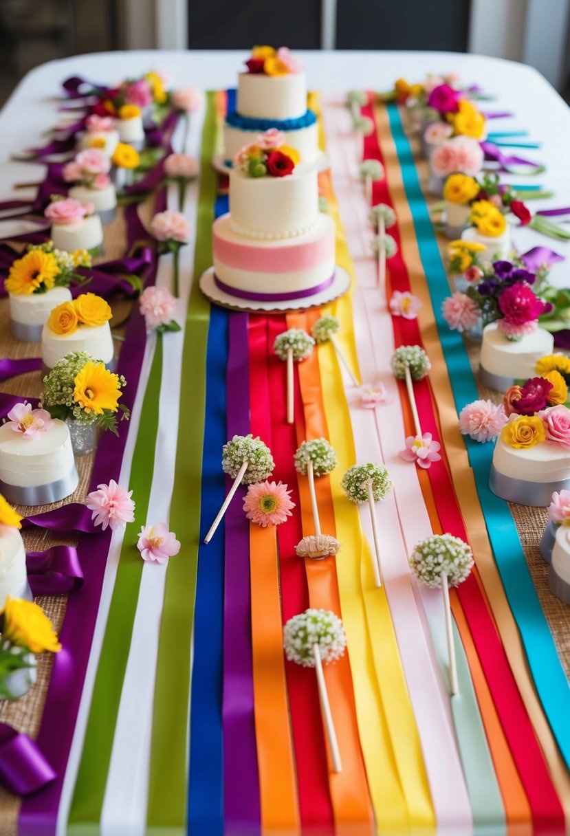 An array of colorful ribbons, flowers, and cake toppers laid out on a table, ready to be used for DIY wedding cake decorations