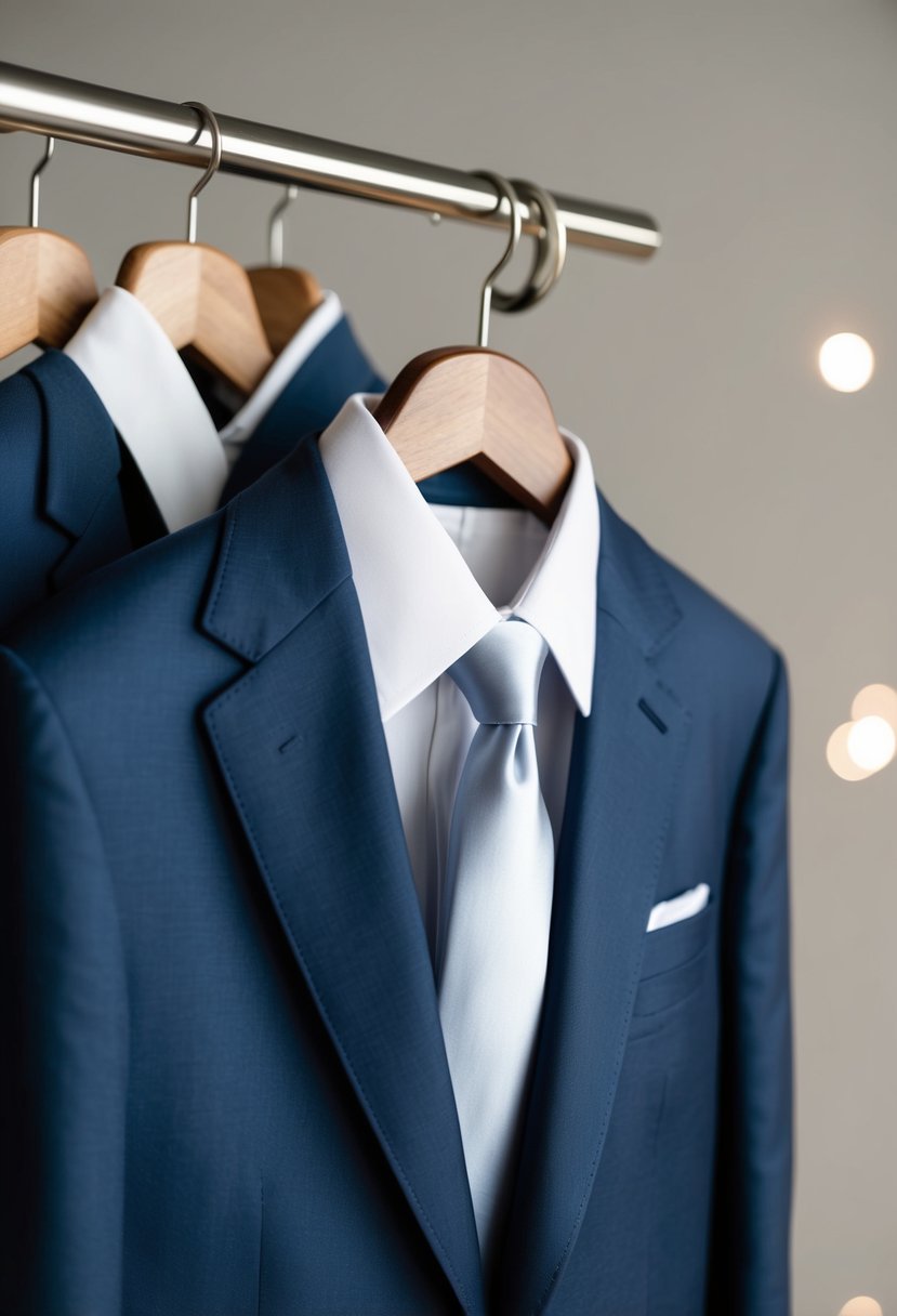 A tailored navy suit hangs on a wooden hanger, flanked by a crisp white shirt and a silk tie, all set against a neutral background