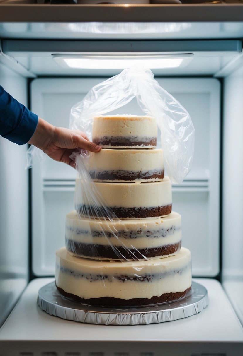 Layers of a wedding cake being carefully wrapped in plastic and placed in the freezer for advanced preparation