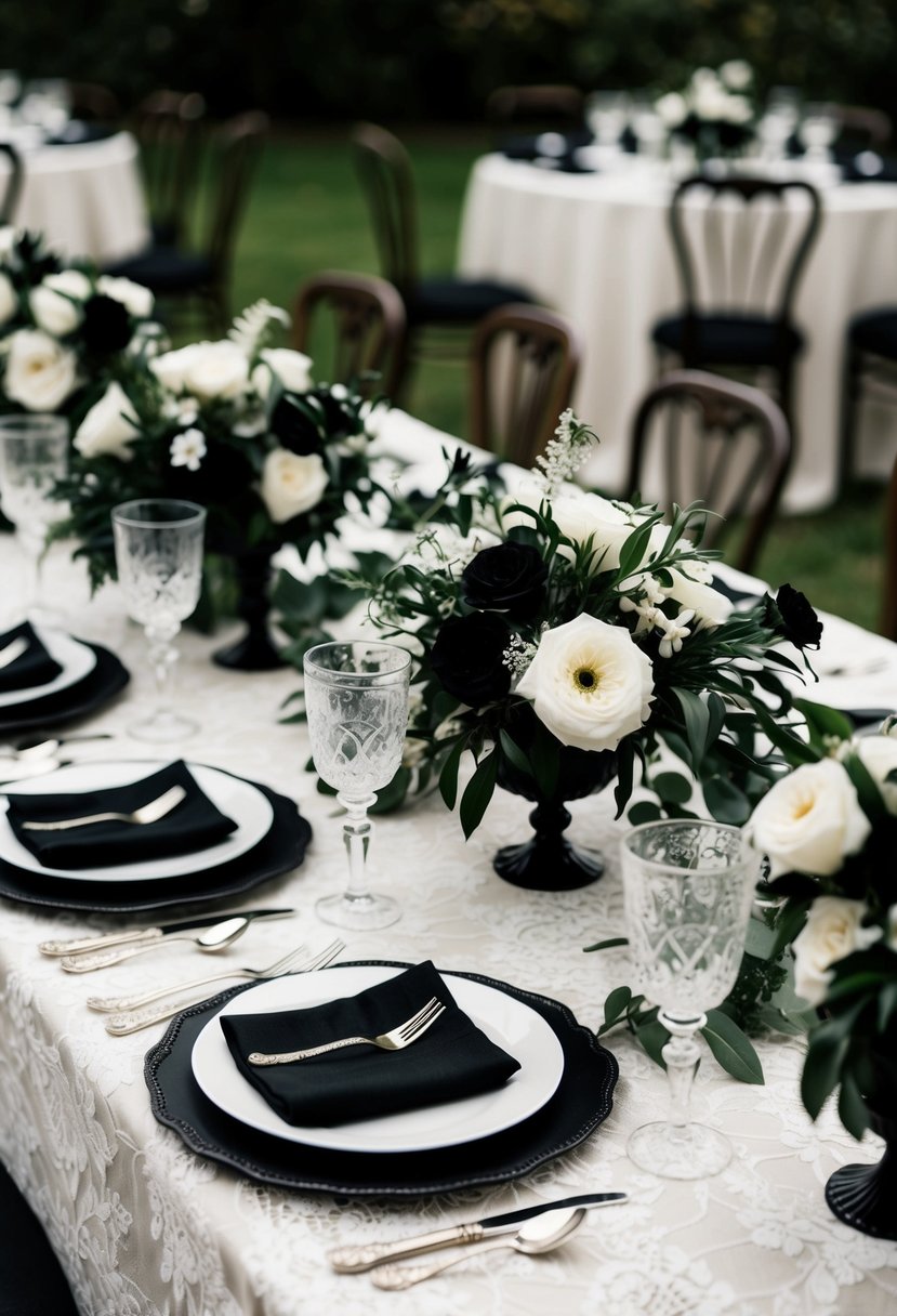 A vintage-inspired black-and-white wedding table setting with lace tablecloth, antique silverware, and black and white floral centerpieces