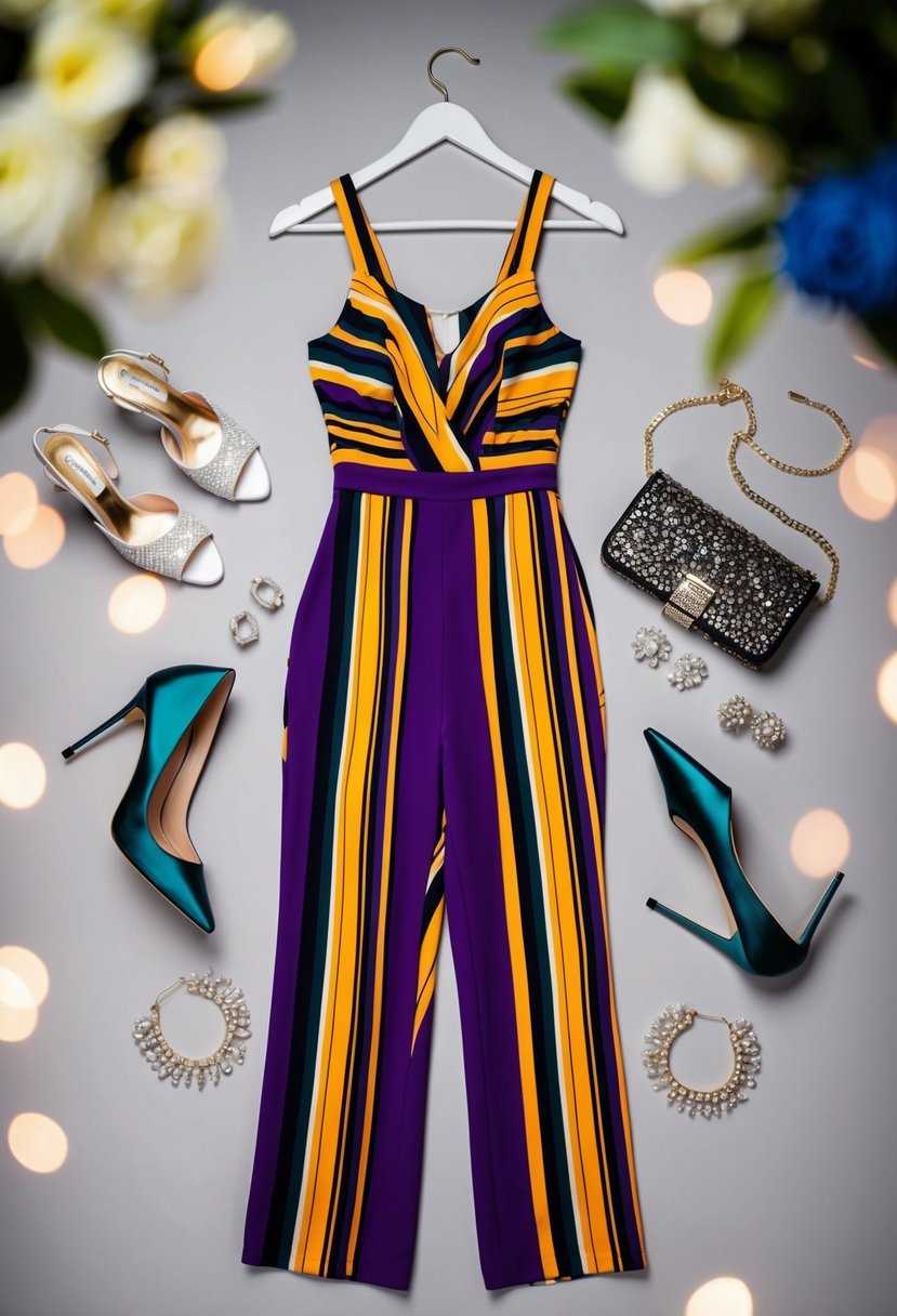 A vibrant statement jumpsuit hangs on a hanger, surrounded by elegant heels and sparkling accessories, ready for a bold wedding guest outfit