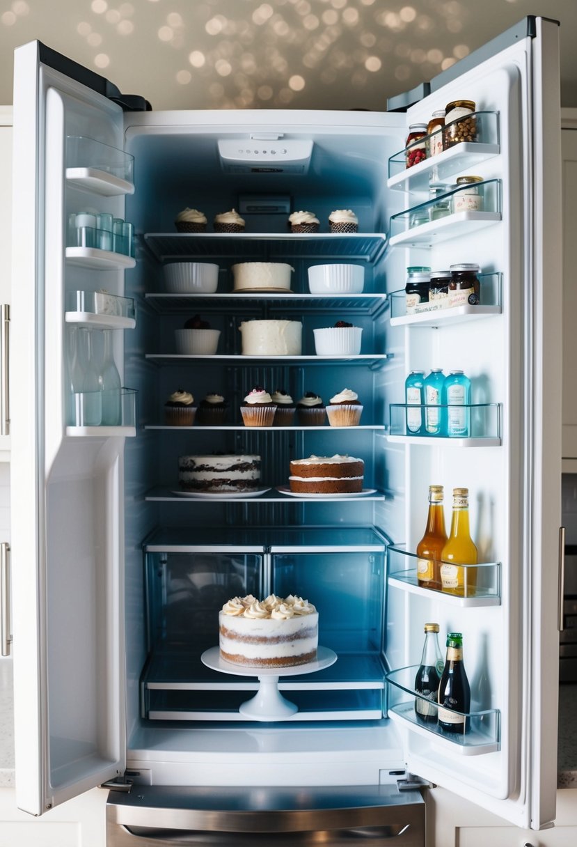 Open fridge with shelves cleared, ready for DIY wedding cake storage