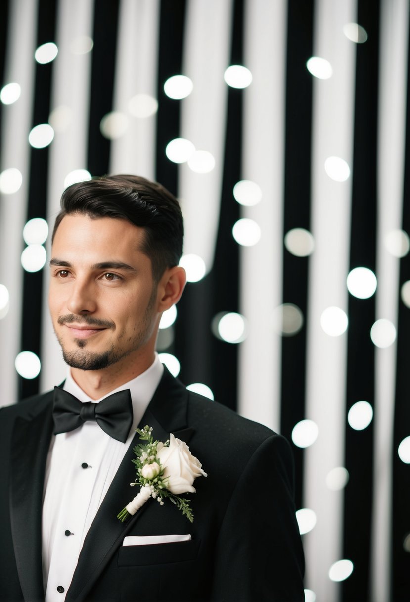 A classic black tuxedo with a white boutonnière set against a black and white wedding backdrop