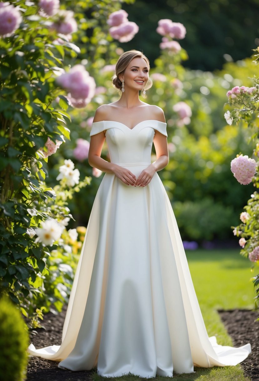 A woman stands in a garden, wearing an off-the-shoulder gown, surrounded by blooming flowers and greenery