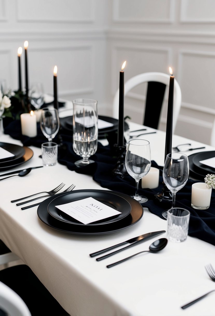 A chic black and white table setting with elegant dinnerware and minimalistic decor for a black and white wedding theme